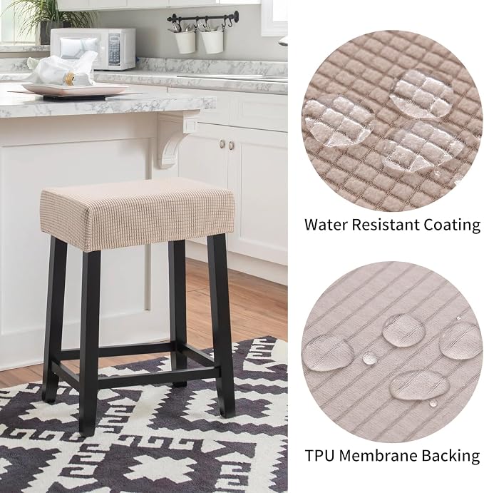 YISUN Stool Covers Rectangle - 4 Pack Stretch Waterproof Saddle Seat Cover Counter Bar Stools Bar Chairs Covers Kitchen Island Chairs Cushion Protector (4, Khaki)