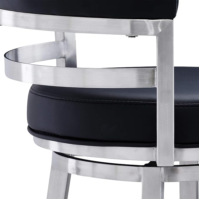 Armen Living Madrid 30" Seat Height Swivel Modern Black Faux Leather and Brushed Stainless Steel Bar Stool for Kitchen Island Counter