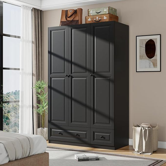 Armoire Wardrobe Closet with Drawers: 74" Black Tall Wooden Wardrobe Closet for Hanging Clothes, Large Bedroom Armoires with 2 Drawers, 3 Door Armoire Storage Cabinet (Black, 47")