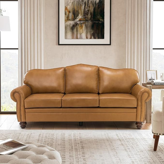 81" Genuine Leather Sofa, Classic 3-Seater Couchs with Wood Legs, Stylish & Comfortable Sofa for Living Room or Office, Easy Assembly and Maintain & Long-Lasting, Camel