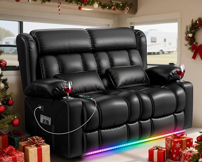 Power RV Loveseat Recliner Sofa, Electric Reclining Loveseat RV Couch with USB & Type-C Ports, Zero Wall Hugger RV Furniture with Storage & LED Light for Travel Trailers Home Theater Seating