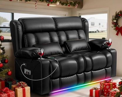 Power RV Loveseat Recliner Sofa, Electric Reclining Loveseat RV Couch with USB & Type-C Ports, Zero Wall Hugger RV Furniture with Storage & LED Light for Travel Trailers Home Theater Seating