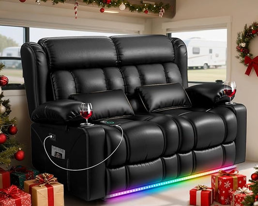 Power RV Loveseat Recliner Sofa, Electric Reclining Loveseat RV Couch with USB & Type-C Ports, Zero Wall Hugger RV Furniture with Storage & LED Light for Travel Trailers Home Theater Seating