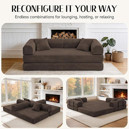 79'' Convertible Sofa Bed, Boneless Couch-in-a-Box, Corduroy Floor Futon Loveseat Sleeper, 26'' Deep Seat, Removable Machine-Wash Covers, No Assembly, 2 Pillows, Brown