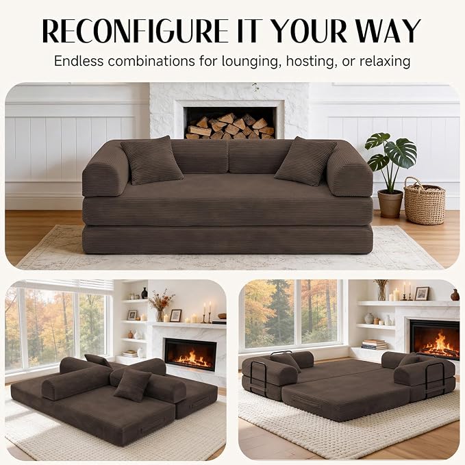 78.8" Memory Foam Boneless Couch, Corduroy Floor Sofa Bed, Convertible Sleeper Futon Loveseat, Wide Armrests & Back Support, Supports Up to 1200 lbs, Couch in a Box with 2 Pillows, Brown
