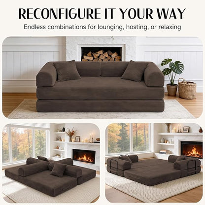 78.8" Memory Foam Boneless Couch, Corduroy Floor Sofa Bed, Convertible Sleeper Futon Loveseat, Wide Armrests & Back Support, Supports Up to 1200 lbs, Couch in a Box with 2 Pillows, Brown