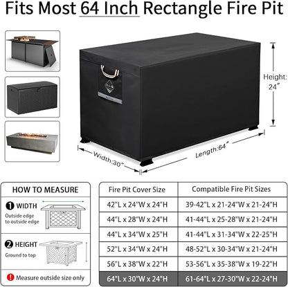 QH.HOME Fire Pit Cover Rectangle 64 x 30 inch,Outdoor Waterproof and Weatherproof Strong Tear and Fading Resistant Rectangular Patio Furniture Fireplaces Cover - Black