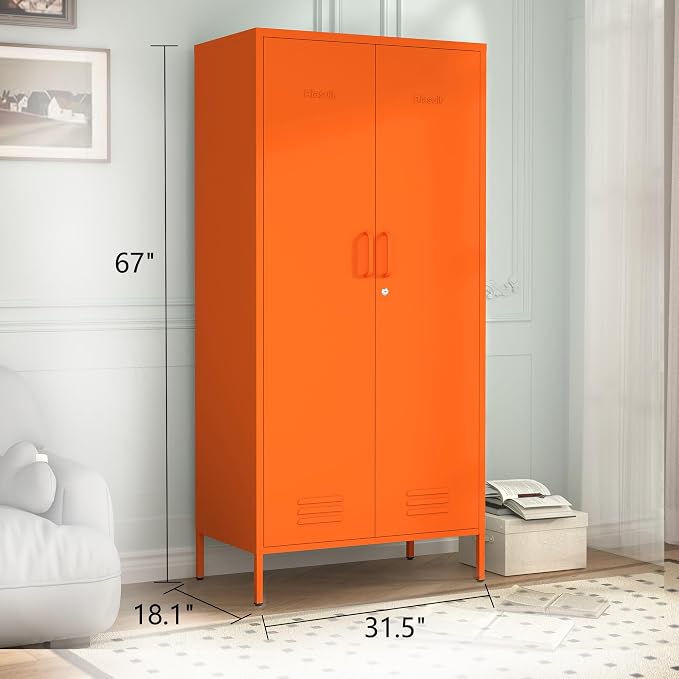 Industrial 67" Orange Lockable Metal 2-Door Storage Cabinet, Multi-Purpose Wardrobe with Hanging Rod & Adjustable Shelves, Heavy Duty for Bedroom, Garage, Home Office 67"H X 31.5"W X 18.1"D