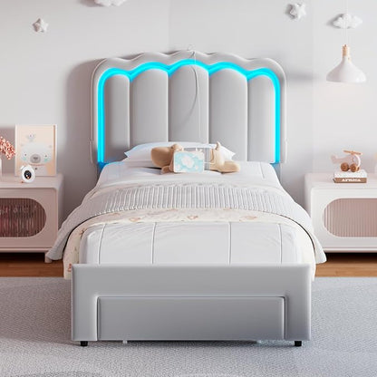 Jocoevol Twin Upholstered LED Bed Frame with Storage Drawer and Adjustable Chic Double Wavy Headboard, Velvet Princess Platform Bed for Girls/Kids, Solid Wood Slats Support, No Box Spring Needed, Grey