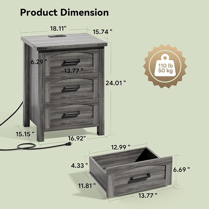 Decofy Farmhouse Nightstand Set of 2 with Charging Station, 18'' Wide Rustic End Table with USB/Type-C Ports, 3 Drawers, Wood Bedside Table for Bedroom, Grey Oak