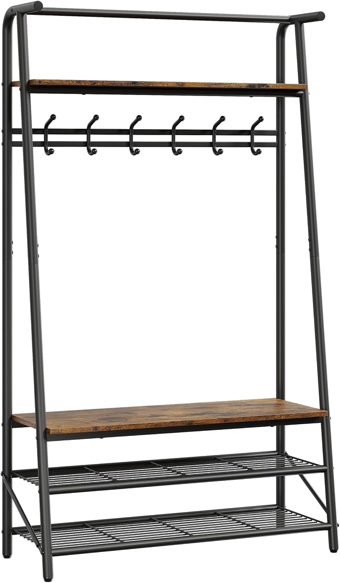 MDF Hall Tree with Bench, 4-in-1 Entryway Coat Rack with Storage Shelf & Shoe Organizer, Sturdy Freestanding Furniture for Living Room, Bedroom, Mudroom