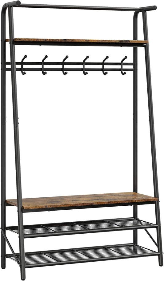 MDF Hall Tree with Bench, 4-in-1 Entryway Coat Rack with Storage Shelf & Shoe Organizer, Sturdy Freestanding Furniture for Living Room, Bedroom, Mudroom