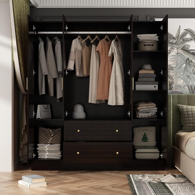 4 Door Wardrobe Armoire Closet with Mirror Door, 63" W Wooden Cabinet with 2 Drawers & Hanging Rod, Bedroom Armoire Dresser Wardrobe Clothes Organizer, Espresso