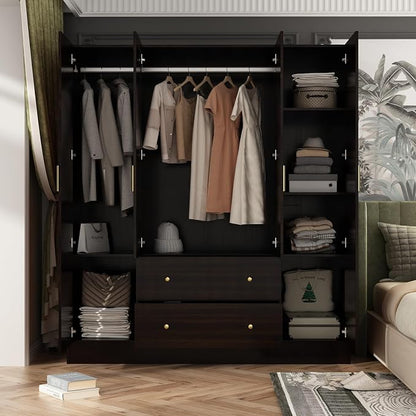 4 Door Wardrobe Armoire Closet with Mirror Door, 63" W Wooden Cabinet with 2 Drawers & Hanging Rod, Bedroom Armoire Dresser Wardrobe Clothes Organizer, Espresso