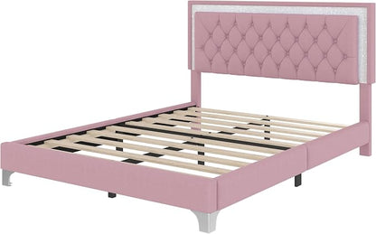 Flieks Bedroom Sets, 3-Pieces Bedroom Sets, Queen Size Upholstered Platform Bed with LED Lights and 2 Nightstands, Pink