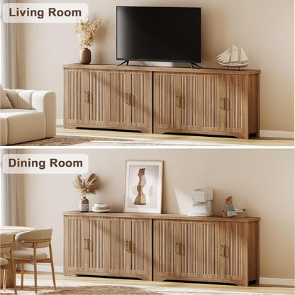 Memobarco Fluted Buffet Cabinet with Storage Accent Sideboard,Modern Credenza with 4 Doors & Adjustable Shelves,Wood Coffee Bar Table Console for Dining Room Kitchen Living Room Entryway,Natural Oak