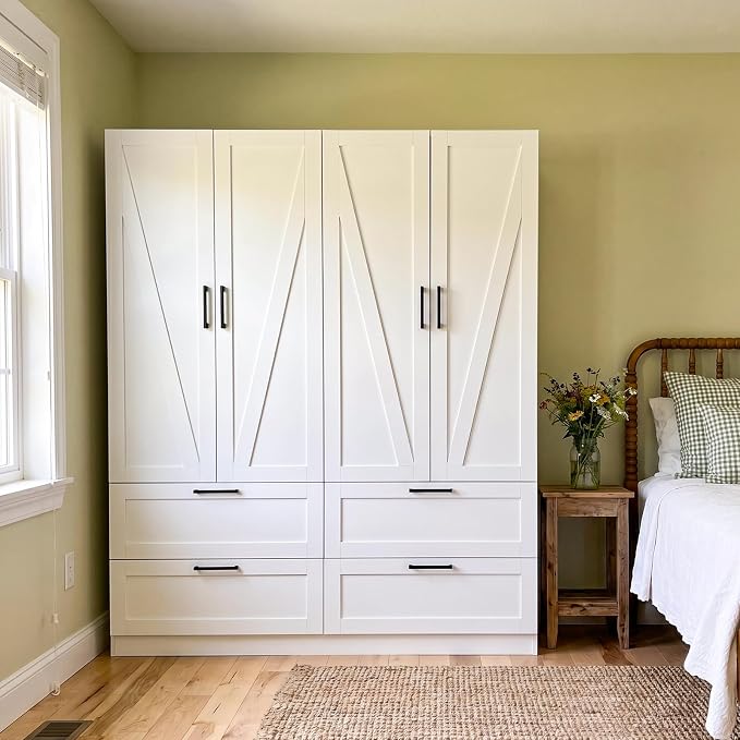 WOODTIME 70.9" Tall Armoire Wardrobe Closet with 4 Drawers, 4 Doors & Hanging Rods, 59.8" W Farmhouse Wooden Wardrobe Clothes Storage Cabinet for Bedroom Apartment, White