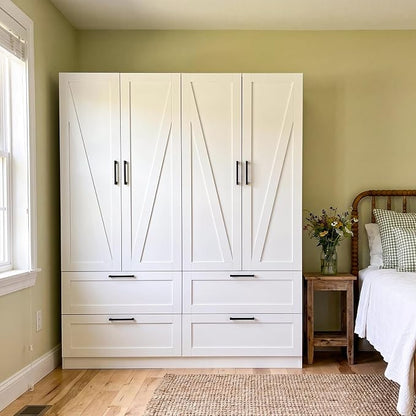 WOODTIME 70.9" Tall Armoire Wardrobe Closet with 4 Drawers, 4 Doors & Hanging Rods, 59.8" W Farmhouse Wooden Wardrobe Clothes Storage Cabinet for Bedroom Apartment, White