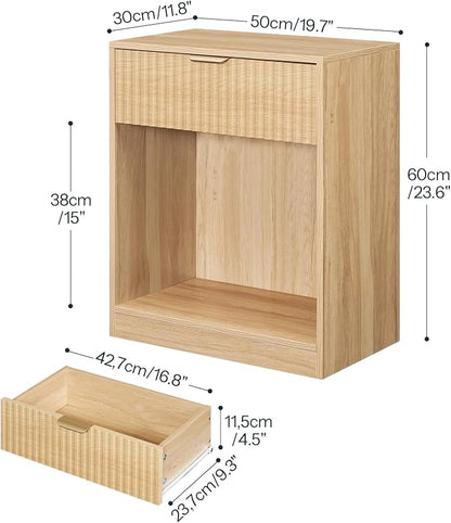HOOBRO Fluted Nightstand, Modern Bedside Table with 1 Drawer and 1 Open Compartment, Wooden End Table with Metal Handle, for Bedroom and Office, Natural NL208BZ01