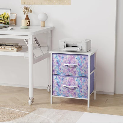 Stero Nightstand, Kids Dresser with 2 Drawers, Steel Frame Bedside Furniture, Wood Top Fabric Night Stand, Colorful End Table for Home, Bedroom, Office Tie-dye Purple