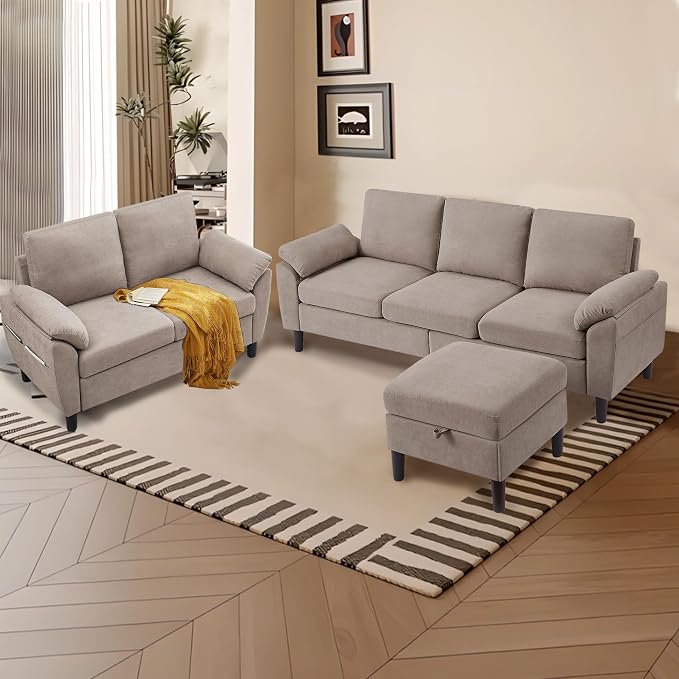 80" Convertible Sectional Sofa Set, Modern Linen Small L Shaped Couch with Reversible Chaise and Loveseat Sofa, 3-Seat Sofa Couches for Living Room, Office, Apartment, Beige