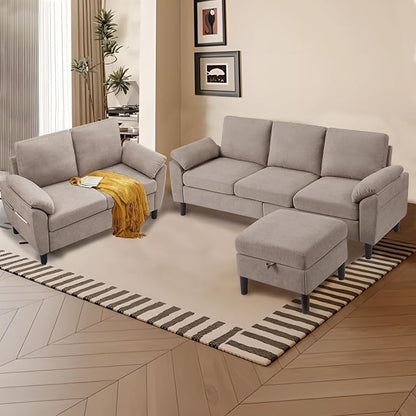 80" Convertible Sectional Sofa Set, Modern Linen Small L Shaped Couch with Reversible Chaise and Loveseat Sofa, 3-Seat Sofa Couches for Living Room, Office, Apartment, Beige