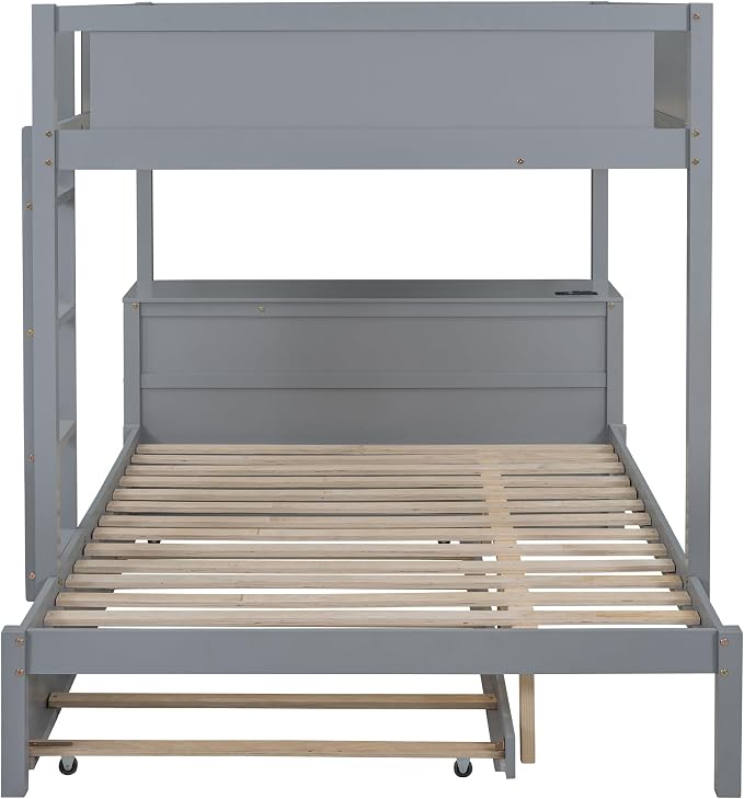 Harper & Bright Designs Full Over Full Bunk Bed with Twin Size Trundle, Wood Full Bunk Bed with USB Ports, Storage and Desk, Gray