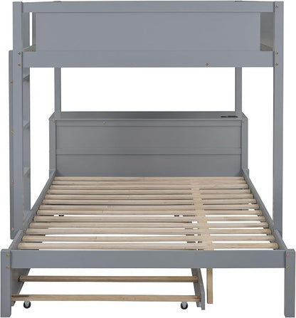Harper & Bright Designs Full Over Full Bunk Bed with Twin Size Trundle, Wood Full Bunk Bed with USB Ports, Storage and Desk, Gray
