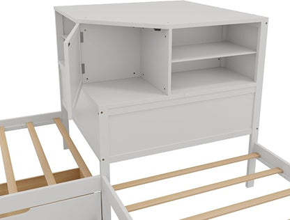 Merax L-Shaped Combination Twin Bed Frame with Trundle,Drawer,Built-in Desk and Led Downlight,3-in-1 Design for Bedroom