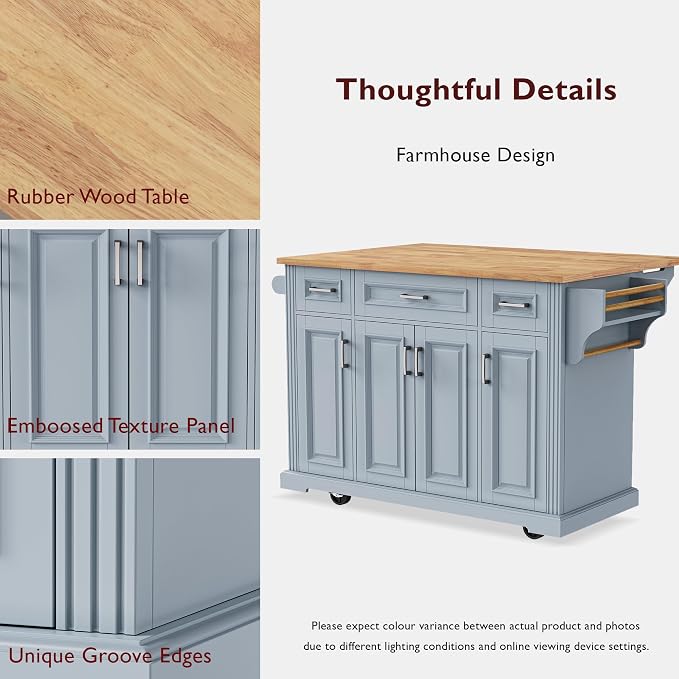 Large Kitchen Island with Rubber Wood Top Drop Leaf, 54" Rolling Kitchen Storage Cart on Wheels with Embossed Texture, Door Cabinet, Drawers, Spice Rack & Towel Rack for Dining Room, Grey + Blue