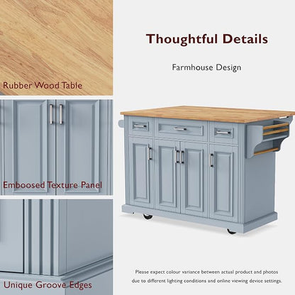 Large Kitchen Island with Rubber Wood Top Drop Leaf, 54" Rolling Kitchen Storage Cart on Wheels with Embossed Texture, Door Cabinet, Drawers, Spice Rack & Towel Rack for Dining Room, Grey + Blue