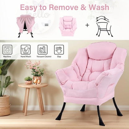 Furlide Lazy Chair for Living Room, Modern Accent Chairs with Armrests, Pink Armchairs with Side Pocket, Cozy Lazy Sofa for Reading, Balcony, Bedroom, Dorm, Small Spaces