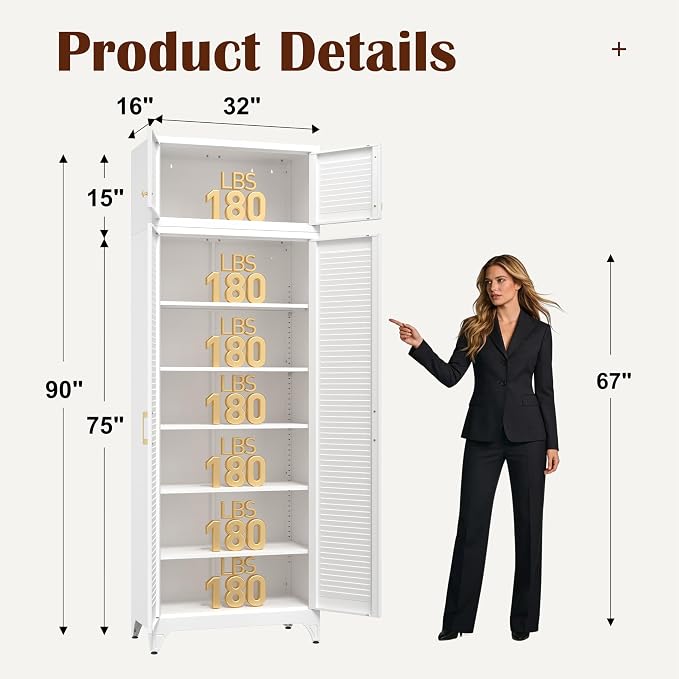 SteeLoong Kitchen Pantry Cabinet,90" Metal Storage Cabinet with Doors and 5 Adjustable Shelves,White Tall Locker Organizer Steel Garage Cabinets for Tool,File Cabinet for Office,Kitchen,Garage,School