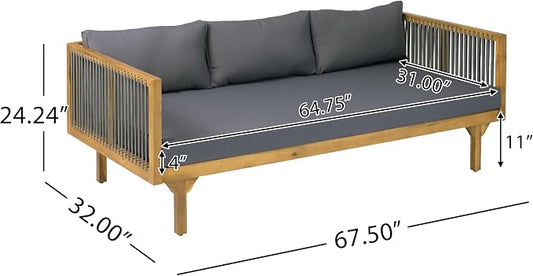 Merax Acacia Wood Outdoor Patio Loveseat Sofa w/Coushion and & Light Brown Rope, 3-Seater Sofa Daybed for Backyard, Lawn, Deck, Balcony, Water Repellent Fabric, 600 lbs Capacity,Teak + Gray
