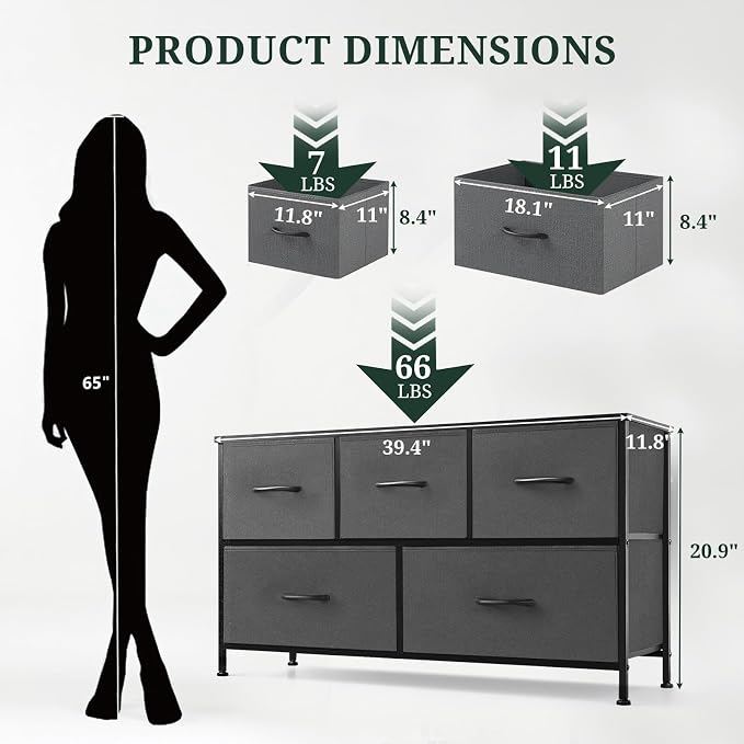 5-Drawer Dresser for Bedroom, Anti-Tip Wide Storage Organizer Fabric Chest of Drawers TV Stand for 45" TV with Wooden Top and Metal Frame for Closet, Living Room, Hallway, Entryway, Gray
