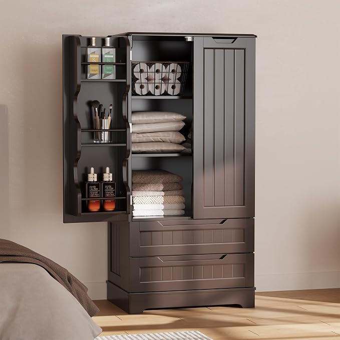 Gizoon Kitchen Pantry Cabinet with Drawers, 47" Small Food Pantry Storage Cabinet with 6 Door Shelves for Snack and Spice, Freestanding Craft Storage Cabinet for Craft Room, Dark Brown, Painted