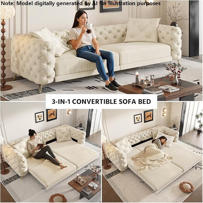 97.7'' Pull Out Sofa Bed King, Chesterfield Velvet Sleeper Sofa, Convertible L-Shaped Futon Couch, Tufted Back, 2 Pillows, Ottoman, Deep Seat Loveseat Couches for Living Room, Apartment, Beige
