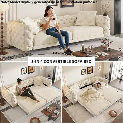 97.7'' Pull Out Sofa Bed King, Chesterfield Velvet Sleeper Sofa, Convertible L-Shaped Futon Couch, Tufted Back, 2 Pillows, Ottoman, Deep Seat Loveseat Couches for Living Room, Apartment, Beige