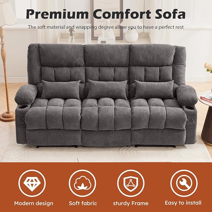 MAHOMICO Recliner Sofa with Cup Holders for Living Room 3 Seat Manual Oversized Recliner Chiar with Ergonomic, Side Pocket for Adult