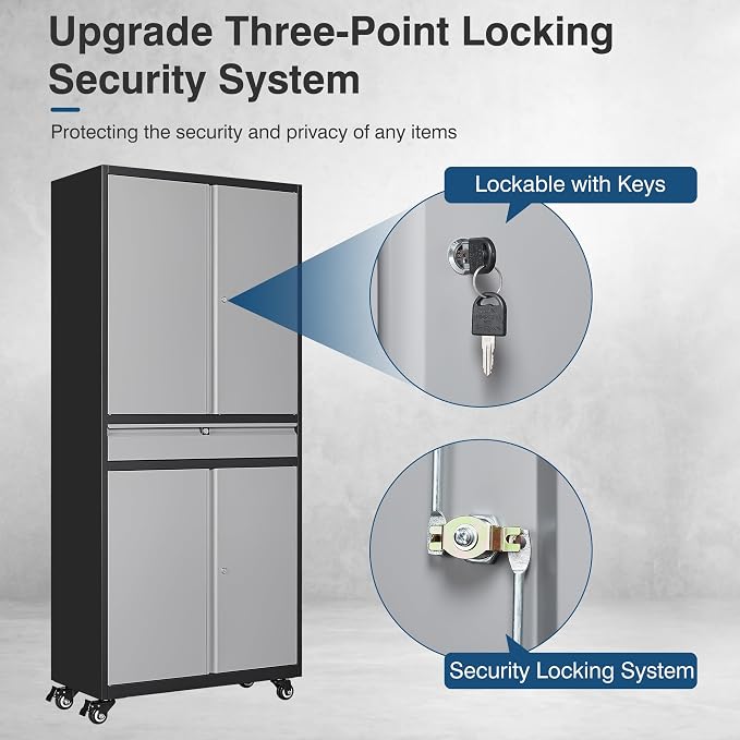 Metal Storage Cabinet with Wheels, 73" Tall Garage Rolling Storage Cabinets with Doors and Shelves, Lockable Tool Caninet Steel Locking Cabnets for Home Office, Garage, Pantry
