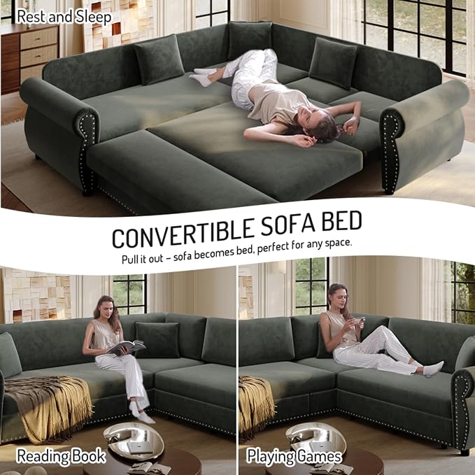 88.2" Sectional Sleeper Sofa with Pull Out Bed - Oversize L-Shaped Convertible Sleeper Couch Bed, Button Tufted Chesterfield Sofa, Chenille Vintage Couches for Living Room(4-Seater, Dark Grey)