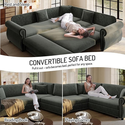 88.2" Sectional Sleeper Sofa with Pull Out Bed - Oversize L-Shaped Convertible Sleeper Couch Bed, Button Tufted Chesterfield Sofa, Chenille Vintage Couches for Living Room(4-Seater, Dark Grey)