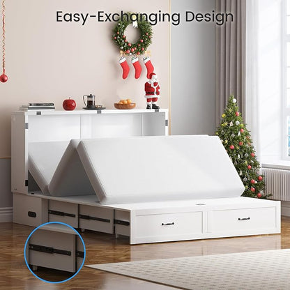 PUREMIND Queen Murphy Bed with Mattress Included, Multi-Functional Hideaway Cabinet Bed with Storage Drawer, USB Charging Port and Folding Bedside Panel, Space Saving Chest Beds Wallbed for Guest Room