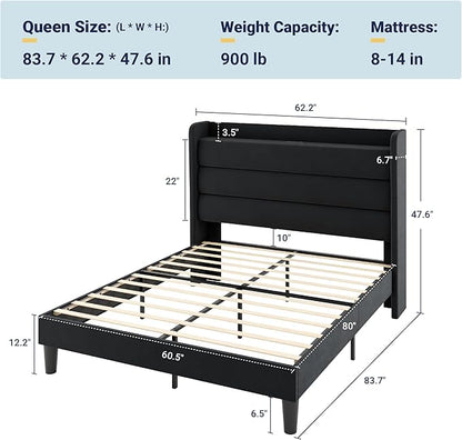 Allewie Queen Size Upholstered Bed Frame with Charging Station & Storage Headboard, Soft Velvet Wingback Platform Bed, Strong Wooden Slats Support, No Box Spring Needed, Easy Assembly, Black