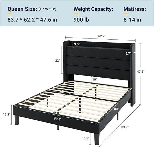 Allewie Queen Size Upholstered Bed Frame with Charging Station & Storage Headboard, Soft Velvet Wingback Platform Bed, Strong Wooden Slats Support, No Box Spring Needed, Easy Assembly, Black