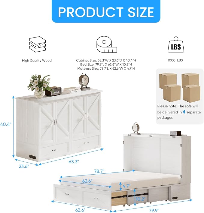 PUREMIND Queen Murphy Bed Cabinet with Mattress Included, Bedroom Cabinet Beds with USB Charging Station, Murphy Chest Bed with Storage Drawers, Horizontal Wallbed for Guest Room White