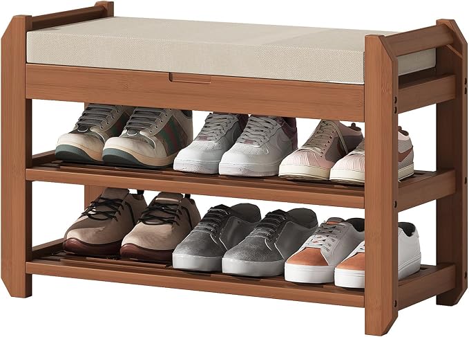 27.6" Bamboo Shoe Bench with Cushion, 2-Tier Storage Bench for Entryway, Heavy Duty Shoe Rack Organizer with Removable Soft Cushion for Living Room Bedroom Hallway