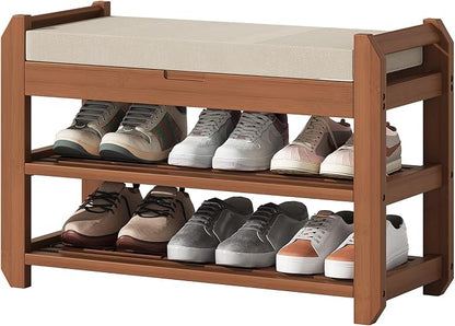 27.6" Bamboo Shoe Bench with Cushion, 2-Tier Storage Bench for Entryway, Heavy Duty Shoe Rack Organizer with Removable Soft Cushion for Living Room Bedroom Hallway