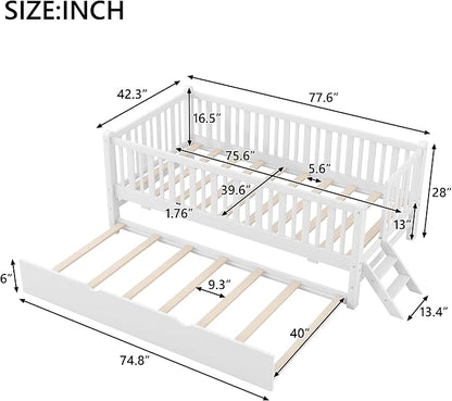 Merax Wood Twin Size Platform Bed with Guardrail and Trundle, Kids Bed Frame with Stairs, White