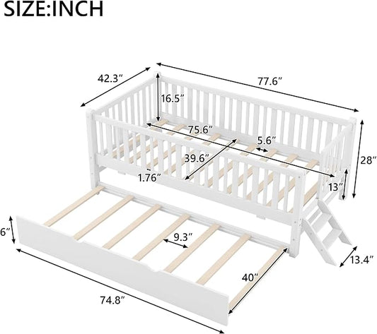 Merax Wood Twin Size Platform Bed with Guardrail and Trundle, Kids Bed Frame with Stairs, White